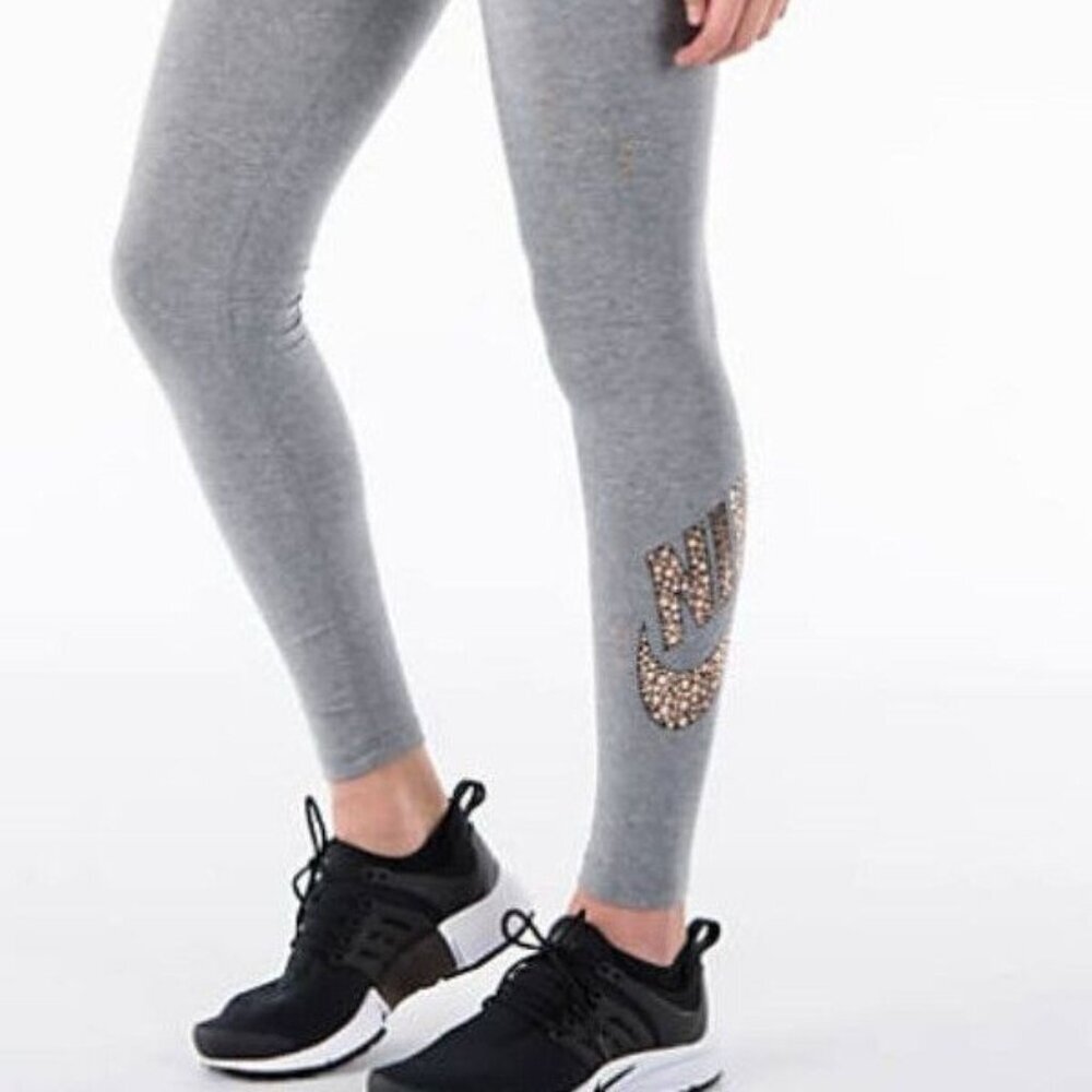 Nike Women Gray Gold Swoosh Just Do It Logo Lightweight Leg A See Legging Size L
